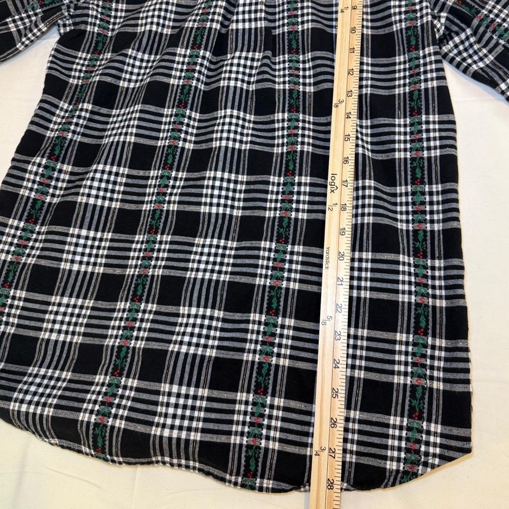 Vintage Basic Editions Holiday Plaid Shirt Velvet Collar Holly Embroidery M - Picture 6 of 7